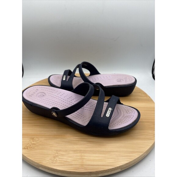 Crocs Women's Patricia Navy Blue Lavender Slide Wedge Heel Sandals Size 6 - Picture 1 of 10